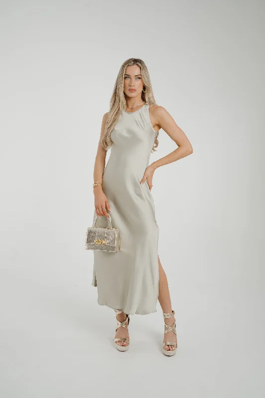 Midi dresses with mesh inserts for a trendy and breathable option Elsa High Neck Satin Dress In Sage Midi dresses with mesh inserts for a trendy and breathable option Elsa High Neck Satin Dress In Sage