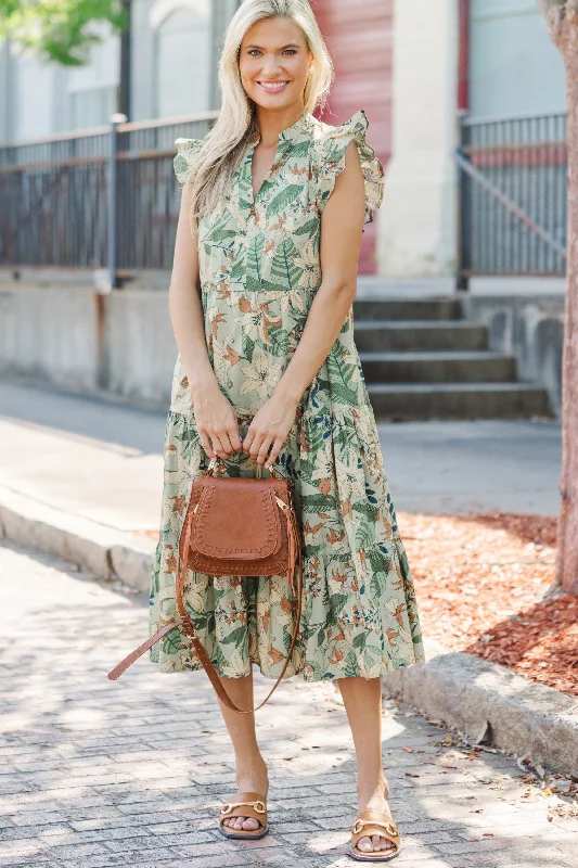 Midi dresses with V - necklines for a flattering and elongating effect Created Beauty Olive Green Floral Midi Dress Midi dresses with V - necklines for a flattering and elongating effect Created Beauty Olive Green Floral Midi Dress