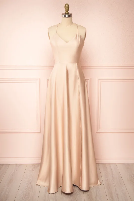 Sequined mini dresses for New Year's Eve Julia Champagne | Satin Maxi Dress w/ High Slit Sequined mini dresses for New Year's Eve Julia Champagne | Satin Maxi Dress w/ High Slit