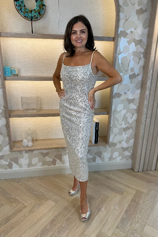 Midi dresses with pleated bodices for a classic and tailored look Alana Sequin Dress In Silver Midi dresses with pleated bodices for a classic and tailored look Alana Sequin Dress In Silver