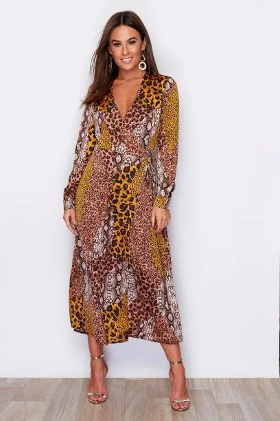 Midi dresses with lace - up fronts for a unique and adjustable style Kim Multi Animal Print Wrap Midi Dress Midi dresses with lace - up fronts for a unique and adjustable style Kim Multi Animal Print Wrap Midi Dress