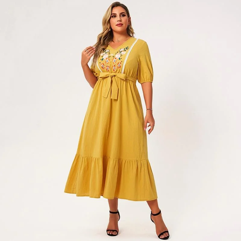 Midi dresses with side slits for a sexy and elegant appearance FashionSierra - New Summer Midi Dress Women Plus Size Yellow Loose Floral Embroidery Sashes Lace Ruffle Hem Half Sleeve Large Elegant Robes Midi dresses with side slits for a sexy and elegant appearance FashionSierra - New Summer Midi Dress Women Plus Size Yellow Loose Floral Embroidery Sashes Lace Ruffle Hem Half Sleeve Large Elegant Robes