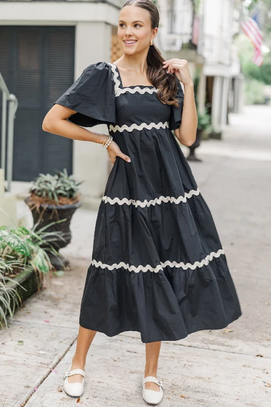 Midi dresses with pom - pom trims for a playful and festive look Better Than You Know Black Rickrack Midi Dress Midi dresses with pom - pom trims for a playful and festive look Better Than You Know Black Rickrack Midi Dress