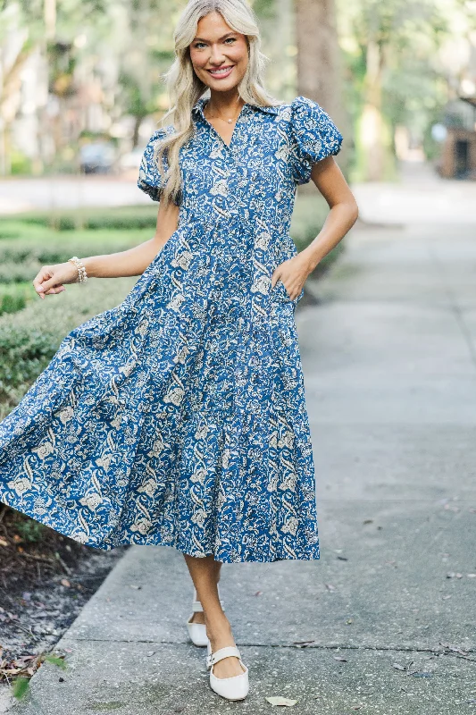 Wrap - style midi dresses in silk for a sophisticated office look Perfect For You Navy Paisley Button Down Midi Dress Wrap - style midi dresses in silk for a sophisticated office look Perfect For You Navy Paisley Button Down Midi Dress