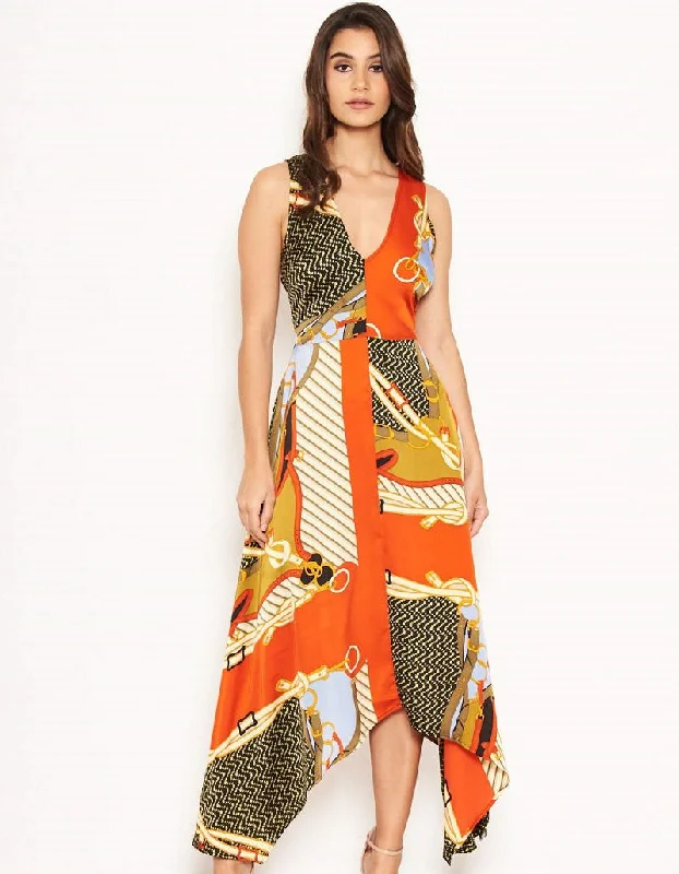 Plaid midi dresses for a fall - themed family gathering Caroline Orange Multi Chain Print Midi Dress Plaid midi dresses for a fall - themed family gathering Caroline Orange Multi Chain Print Midi Dress