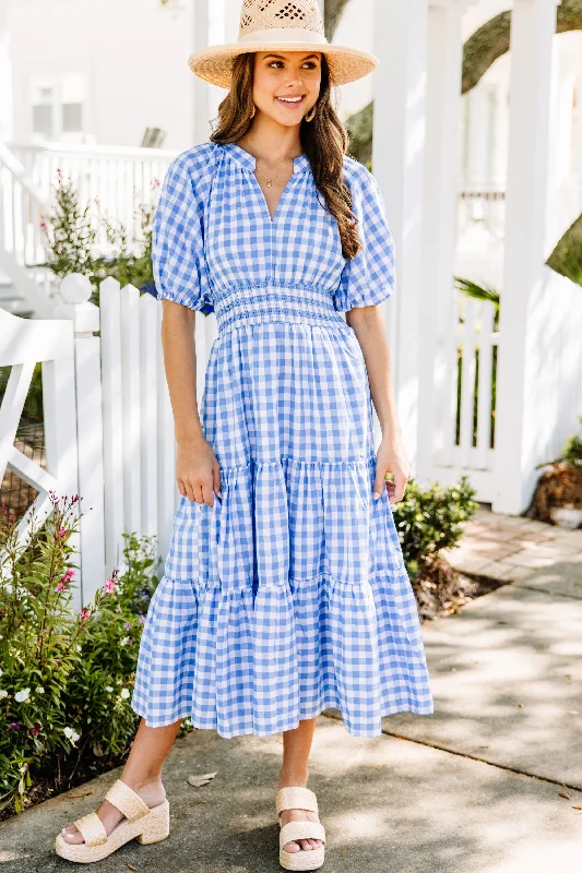Midi dresses with pleated skirts for a timeless and elegant appeal Stay The Course Blue Gingham Midi Dress Midi dresses with pleated skirts for a timeless and elegant appeal Stay The Course Blue Gingham Midi Dress
