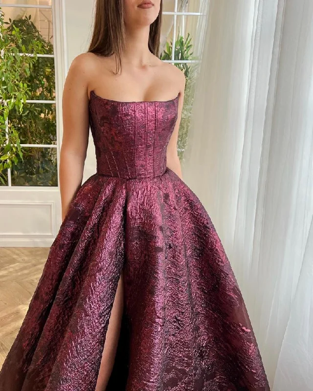 Mini dresses with spaghetti straps for a delicate look Bordeaux Brocade Ball Gown