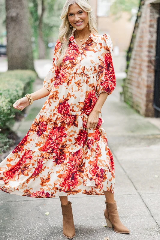 Midi dresses with satin - finish fabrics for a luxurious feel Just Go With It Cream Floral Midi Dress Midi dresses with satin - finish fabrics for a luxurious feel Just Go With It Cream Floral Midi Dress