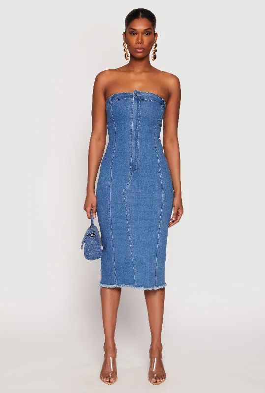Midi dresses with pleated bodices for a classic and tailored look Haute Monde Denim Pintuck Tube Dress Midi dresses with pleated bodices for a classic and tailored look Haute Monde Denim Pintuck Tube Dress