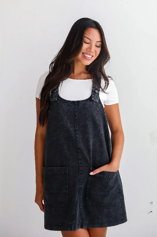 Mini dresses with puff sleeves for a vintage look Autumn Days Black Denim Overall Mini Dress