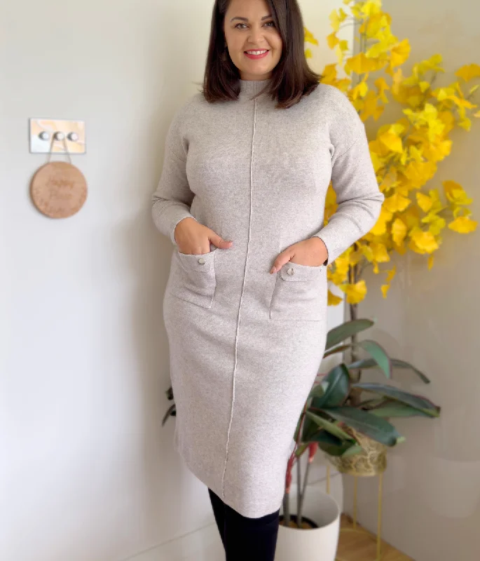 High - low midi dresses with geometric patterns for a modern party Grey Knitted Midi Pocket Dress High - low midi dresses with geometric patterns for a modern party Grey Knitted Midi Pocket Dress