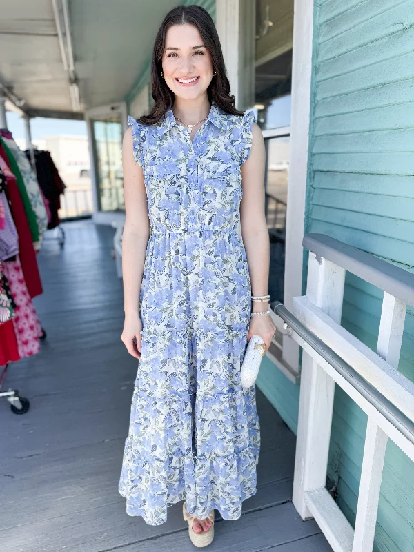 Midi dresses with cold - shoulder cutouts for a trendy style The Minnie Floral Collar Midi Dress-Blue Midi dresses with cold - shoulder cutouts for a trendy style The Minnie Floral Collar Midi Dress-Blue