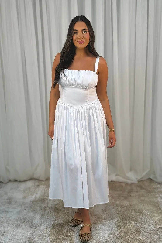 Midi dresses with polka dot prints for a playful summer outfit Erica Corset Waist Midi Dress In White Midi dresses with polka dot prints for a playful summer outfit Erica Corset Waist Midi Dress In White