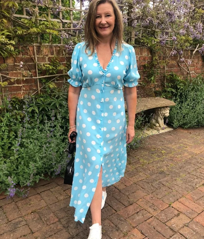 Midi dresses with wrap - around skirts for a customizable fit Pale Blue Spot Midaxi Tea Dress Midi dresses with wrap - around skirts for a customizable fit Pale Blue Spot Midaxi Tea Dress