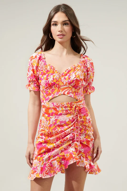 Mini dresses with pom - pom trims for a playful feel Mellow Groove Mendocino Satin Ruched Cutout Mini Dress Mini dresses with pom - pom trims for a playful feel Mellow Groove Mendocino Satin Ruched Cutout Mini Dress