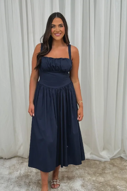 Midi dresses with patchwork patterns for a one - of - a - kind style Erica Corset Waist Midi Dress In Navy Midi dresses with patchwork patterns for a one - of - a - kind style Erica Corset Waist Midi Dress In Navy