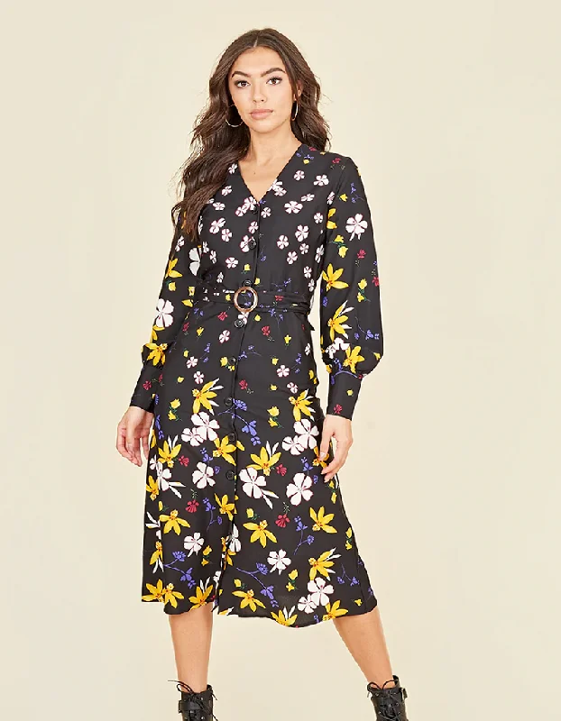 Midi dresses with ruched sleeves for a more fitted and stylish arm look Lydia Multi Floral Button Front Belted Midi Dress Midi dresses with ruched sleeves for a more fitted and stylish arm look Lydia Multi Floral Button Front Belted Midi Dress