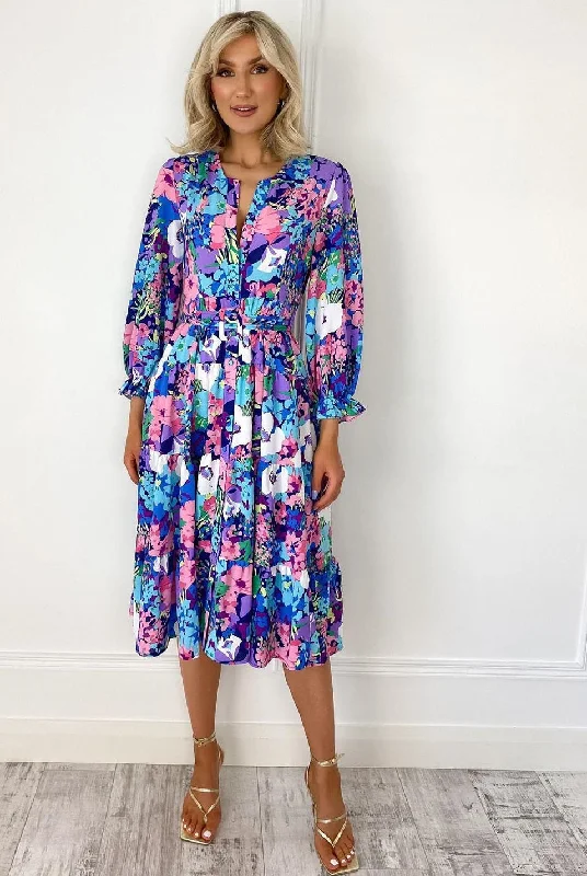 Velvet midi dresses in jewel tones for a glamorous winter event Ola Pink Blue Floral Print Belted Shirt Dress Velvet midi dresses in jewel tones for a glamorous winter event Ola Pink Blue Floral Print Belted Shirt Dress