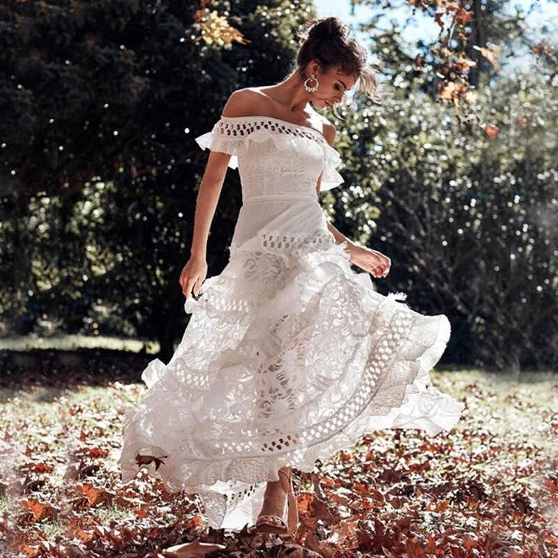 Midi dresses with wrap - around skirts for a customizable fit FashionSierra - White Prom Dresses Lace Off Shoulder Ruffles Midi Dresses Midi dresses with wrap - around skirts for a customizable fit FashionSierra - White Prom Dresses Lace Off Shoulder Ruffles Midi Dresses