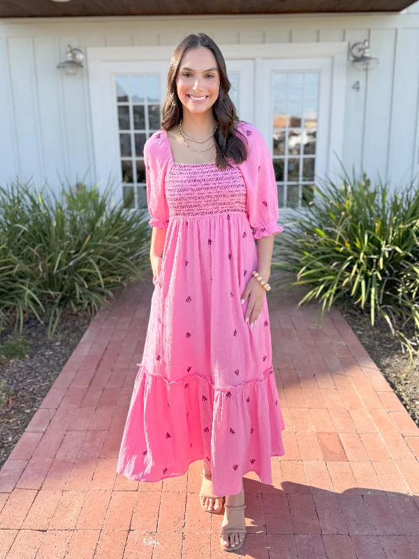 Midi dresses with puff sleeves for a vintage - inspired look The Danielle Floral Smocked Midi Dress-Pink Midi dresses with puff sleeves for a vintage - inspired look The Danielle Floral Smocked Midi Dress-Pink