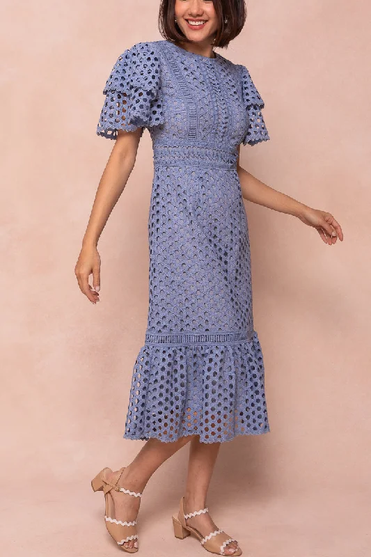 Sleeveless midi dresses with lace details for summer weddings Vera Dress in Blue
