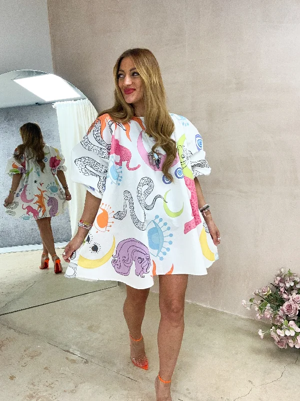 Linen mini dresses for a breathable summer option Spellbound Puff Sleeve Swing Dress In White Mystical Print Linen mini dresses for a breathable summer option Spellbound Puff Sleeve Swing Dress In White Mystical Print