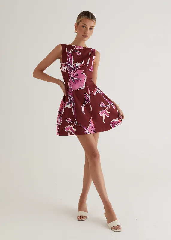 Denim mini dresses with distressed details Clarissa Dress - Wine Floral