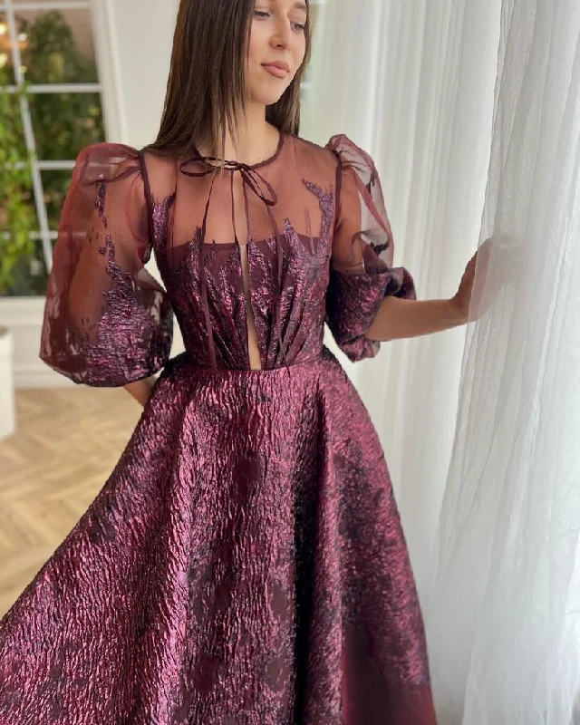 Plaid mini dresses for fall fashion Bordeaux Brocade Puff Sleeve Gown