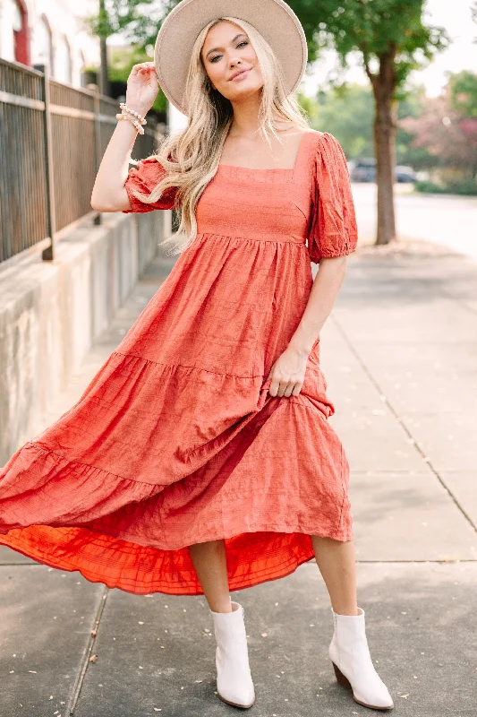Maxi - inspired midi dresses with flowing fabrics for a beachy vibe Think About It Rust Orange Midi Dress Maxi - inspired midi dresses with flowing fabrics for a beachy vibe Think About It Rust Orange Midi Dress