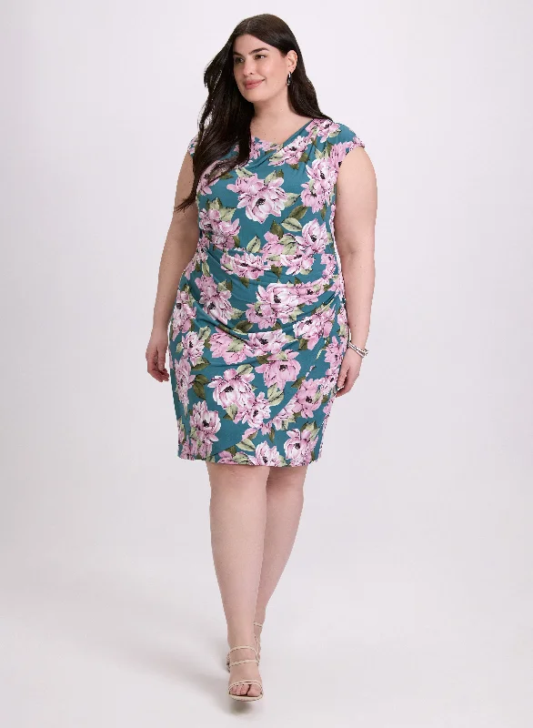Mini dresses with asymmetric hems for a fashion - forward look Floral Jersey Dress