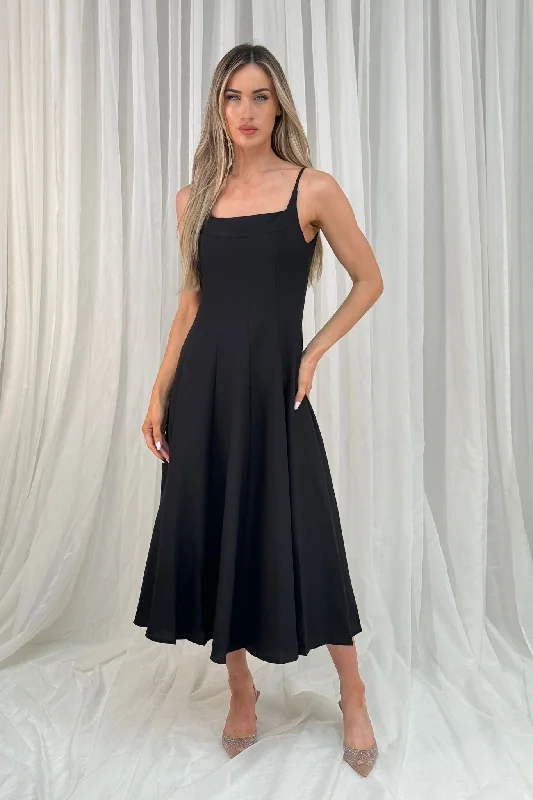 Midi dresses with gathered skirts for a full and flowing silhouette Jane Pleat Front Dress In Black Midi dresses with gathered skirts for a full and flowing silhouette Jane Pleat Front Dress In Black