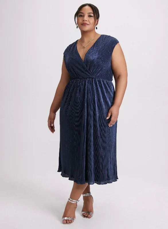Mini dresses with V - necklines for a flattering shape Glitter Knit Plissé Dress