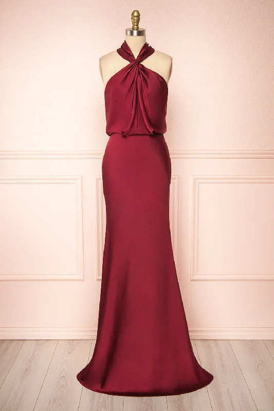 Leather mini dresses for a edgy style Jinny Burgundy | Satin Halter Maxi Dress