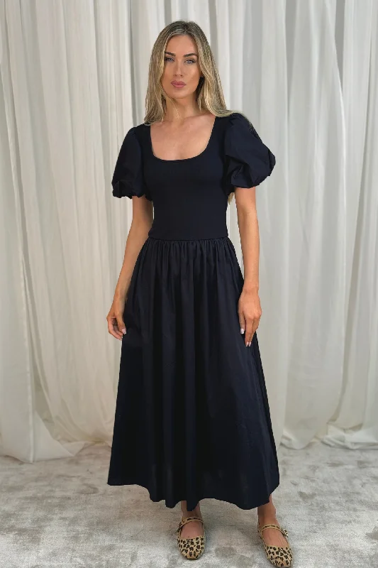 High - low midi dresses with geometric patterns for a modern party Leona Puff Sleeve Midi Dress In Navy High - low midi dresses with geometric patterns for a modern party Leona Puff Sleeve Midi Dress In Navy