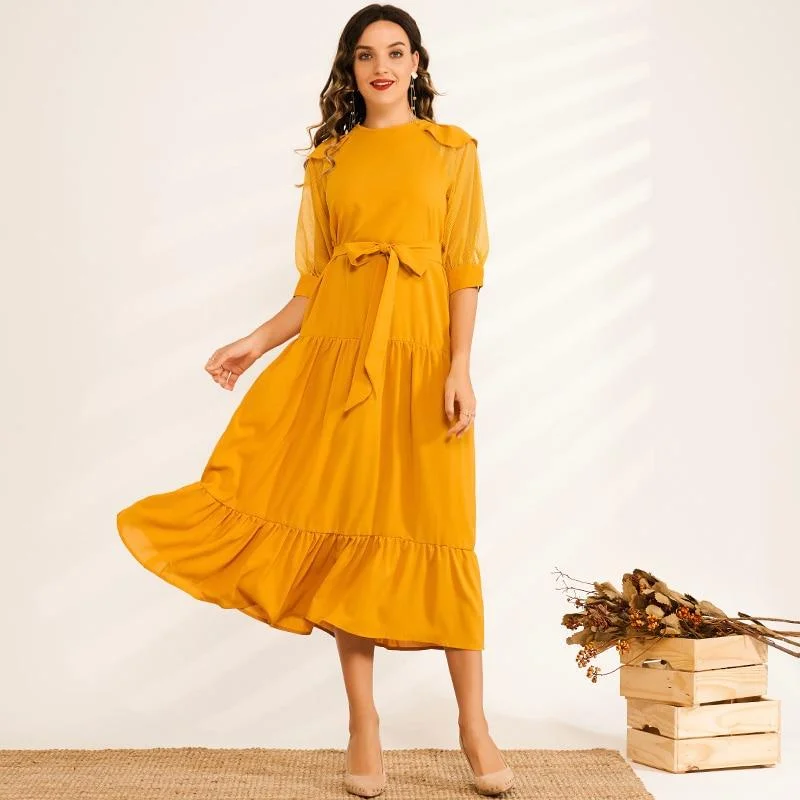 Midi dresses with denim fabric for a casual yet stylish day out FashionSierra - Summer Midi Dress Women Yellow Ruffled Hem Draped Back Buckle O-neck Mesh Lantern Half Sleeve Loose Casual Elegant Robe Midi dresses with denim fabric for a casual yet stylish day out FashionSierra - Summer Midi Dress Women Yellow Ruffled Hem Draped Back Buckle O-neck Mesh Lantern Half Sleeve Loose Casual Elegant Robe