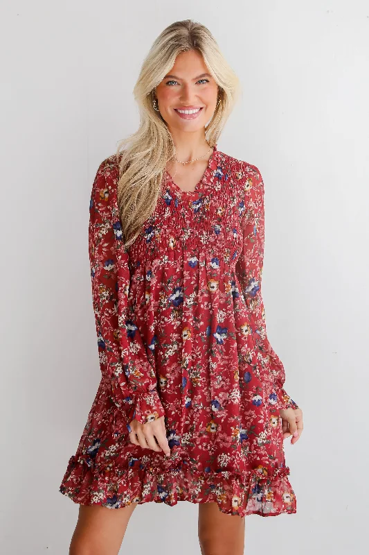 Mini dresses with geometric prints for a modern aesthetic FINAL SALE - Darling Persuasion Burgundy Floral Mini Dress Mini dresses with geometric prints for a modern aesthetic FINAL SALE - Darling Persuasion Burgundy Floral Mini Dress