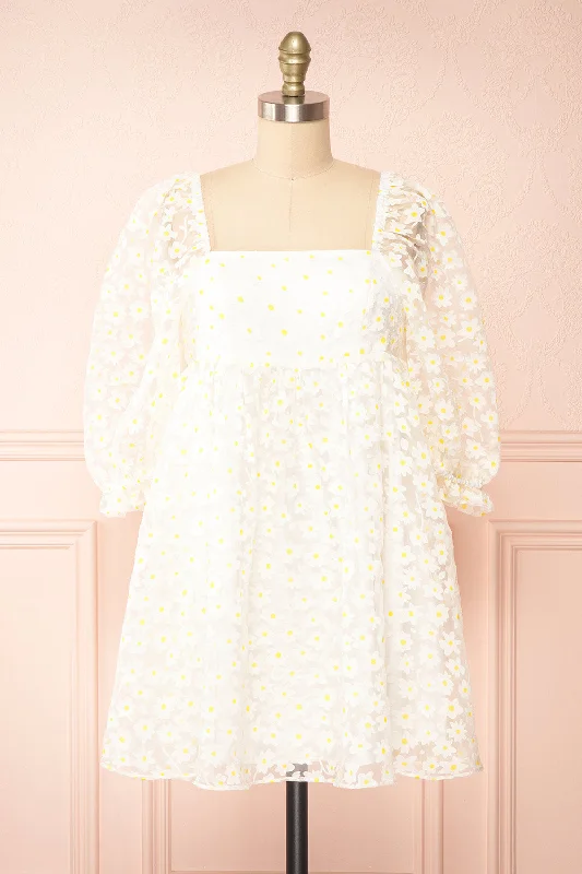 Mini dresses with empire waists for a flattering fit Bina | White Babydoll Dress w/ Daisies Mini dresses with empire waists for a flattering fit Bina | White Babydoll Dress w/ Daisies