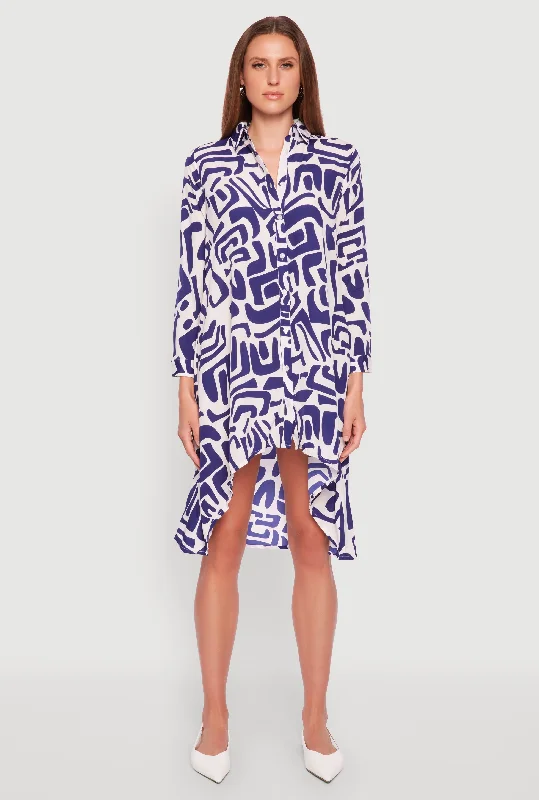 Midi dresses with ruched sleeves for a more fitted and stylish arm look Abstract Patterned High Low Shirt Dress Midi dresses with ruched sleeves for a more fitted and stylish arm look Abstract Patterned High Low Shirt Dress