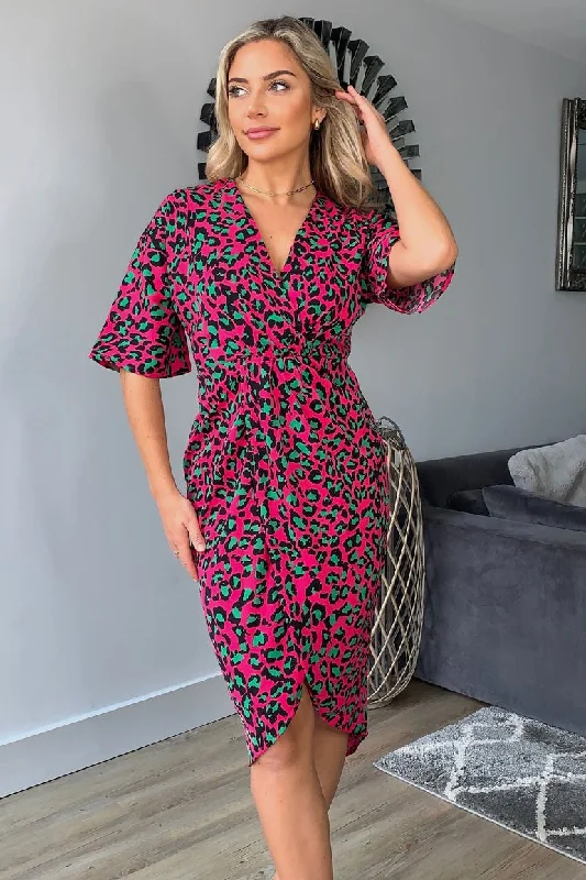 Midi dresses with mesh inserts for a trendy and breathable option Jacqui Pink Leopard Wrap Detailed Midi Dress Midi dresses with mesh inserts for a trendy and breathable option Jacqui Pink Leopard Wrap Detailed Midi Dress