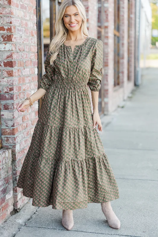 Midi dresses with lace - up fronts for a unique and adjustable style It's In The Air Olive Green Floral 3/4 Sleeve Midi Dress Midi dresses with lace - up fronts for a unique and adjustable style It's In The Air Olive Green Floral 3/4 Sleeve Midi Dress