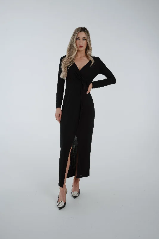 Midi dresses with side slits for a sexy and elegant appearance Willow Wrap Twist Front Dress In Black Midi dresses with side slits for a sexy and elegant appearance Willow Wrap Twist Front Dress In Black