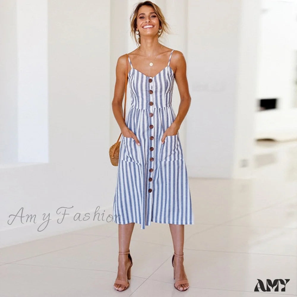 Midi dresses with fringe details for a fun and energetic style Amy Fashion - Midi Button Backless Polka Dot Striped Dress Midi dresses with fringe details for a fun and energetic style Amy Fashion - Midi Button Backless Polka Dot Striped Dress