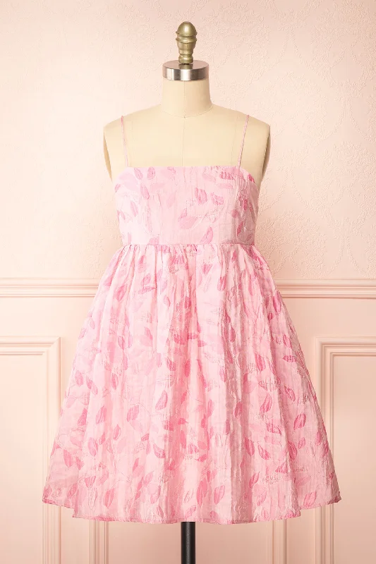 Animal print mini dresses for a bold statement Jessamine | Short Pink Babydoll Dress w/ Leaf Pattern Animal print mini dresses for a bold statement Jessamine | Short Pink Babydoll Dress w/ Leaf Pattern