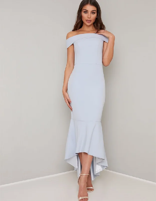 Midi dresses with puff sleeves for a vintage - inspired look Jojo Baby Blue Bardot Fishtail Style Dress