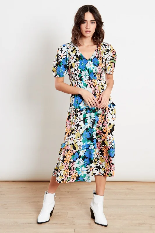 High - low midi dresses with geometric patterns for a modern party Britney Black Floral V Neck Midi Dress High - low midi dresses with geometric patterns for a modern party Britney Black Floral V Neck Midi Dress