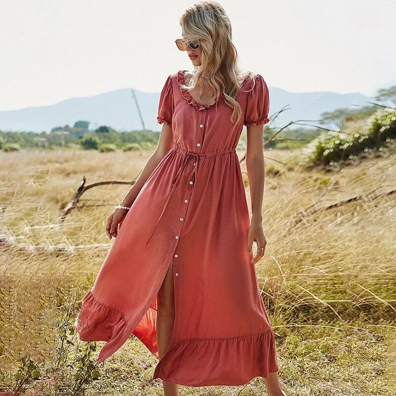 Maxi - inspired midi dresses with flowing fabrics for a beachy vibe FashionSierra - Puff Sleeve Solid Ruffles Button V Neck Elegant Casual Dress Maxi - inspired midi dresses with flowing fabrics for a beachy vibe FashionSierra - Puff Sleeve Solid Ruffles Button V Neck Elegant Casual Dress