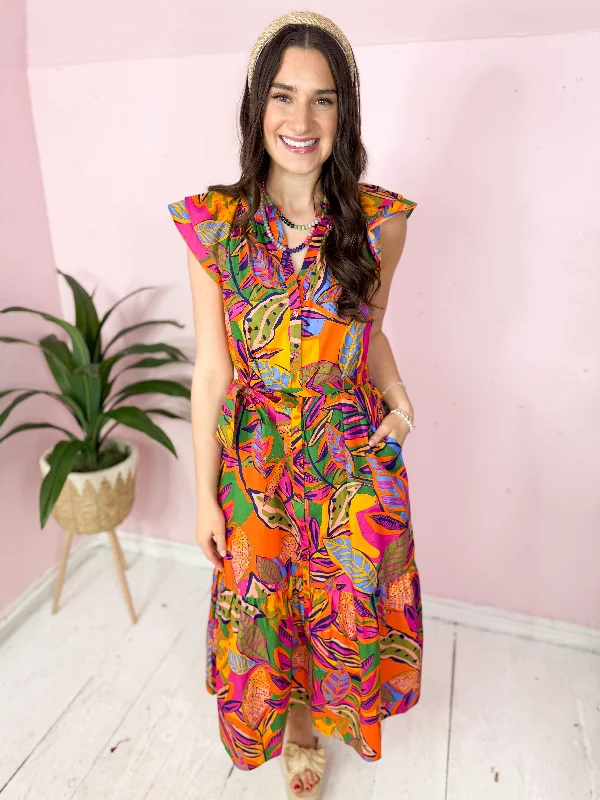 Midi dresses with button - front designs for a classic touch The Milana Button Down Floral Midi Dress-Orange Midi dresses with button - front designs for a classic touch The Milana Button Down Floral Midi Dress-Orange