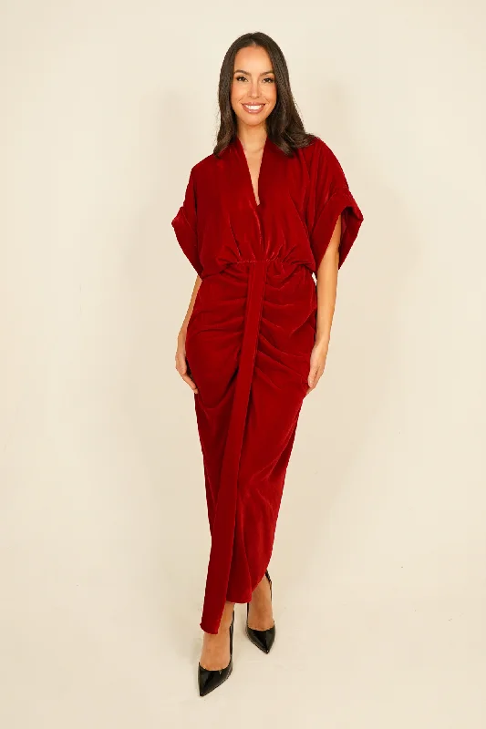 Midi dresses with satin - finish fabrics for a luxurious feel Eva Drape Front Velvet Dress In Red