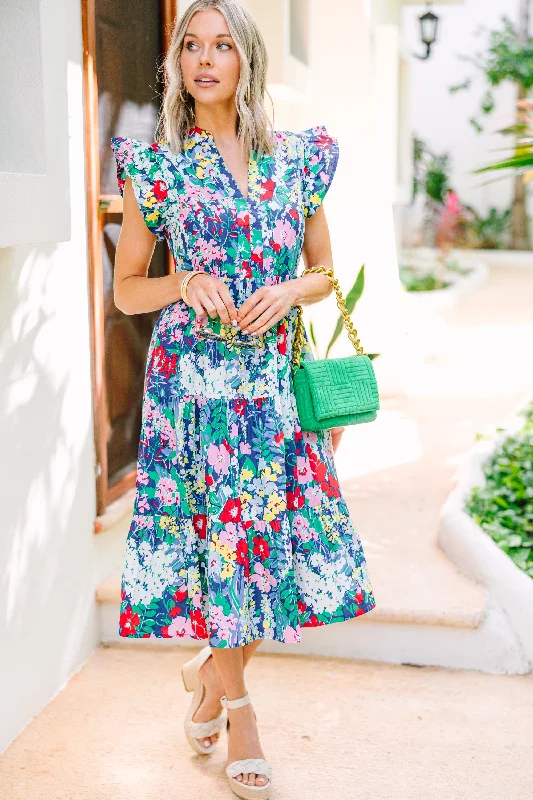 Midi dresses with ruched bodices for a feminine and fitted feel Bright Days Ahead Navy Blue Floral Midi Dress Midi dresses with ruched bodices for a feminine and fitted feel Bright Days Ahead Navy Blue Floral Midi Dress