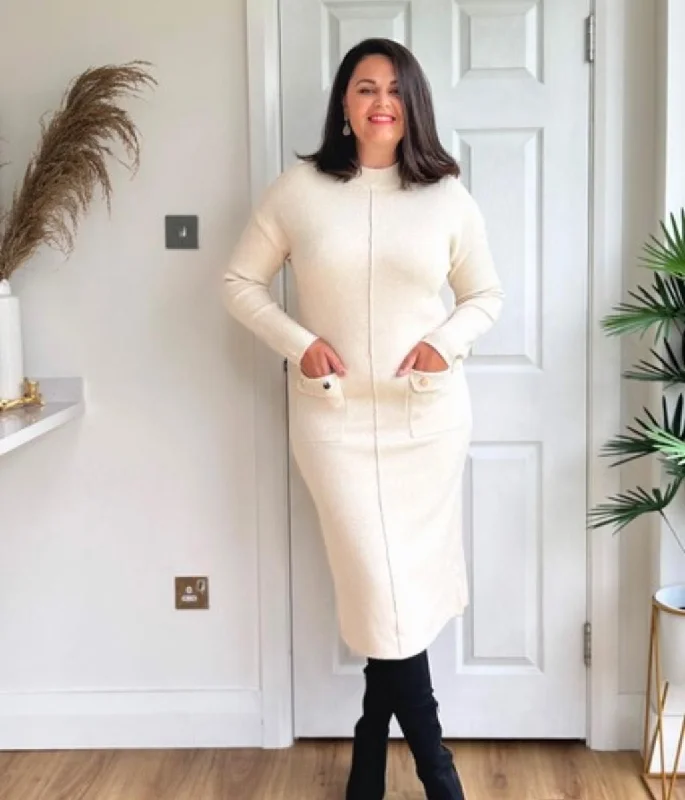 Midi dresses with empire waists for a flattering maternity option Natural Knitted Midi Pocket Dress Midi dresses with empire waists for a flattering maternity option Natural Knitted Midi Pocket Dress